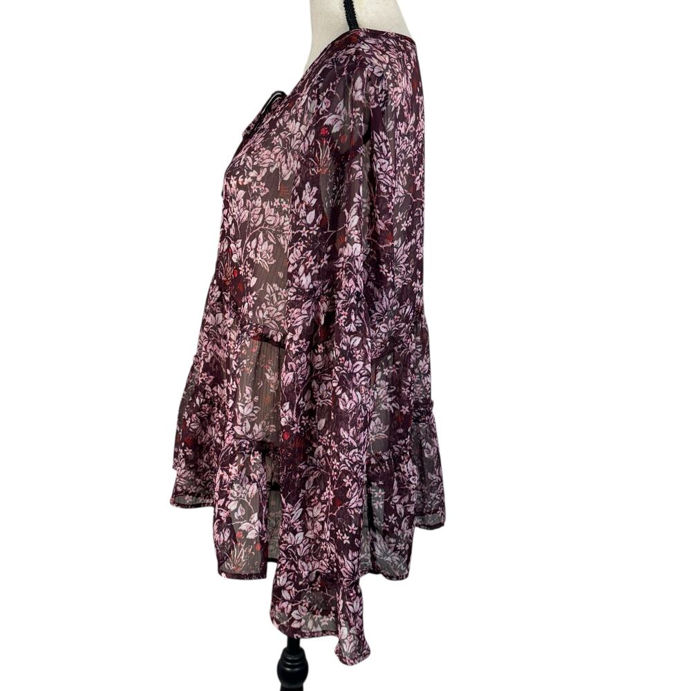 Lucky Brand Large Top Floral Semi-Sheer Keyhole Ruffled Tiers Long Bell Sleeves - Picture 7 of 11